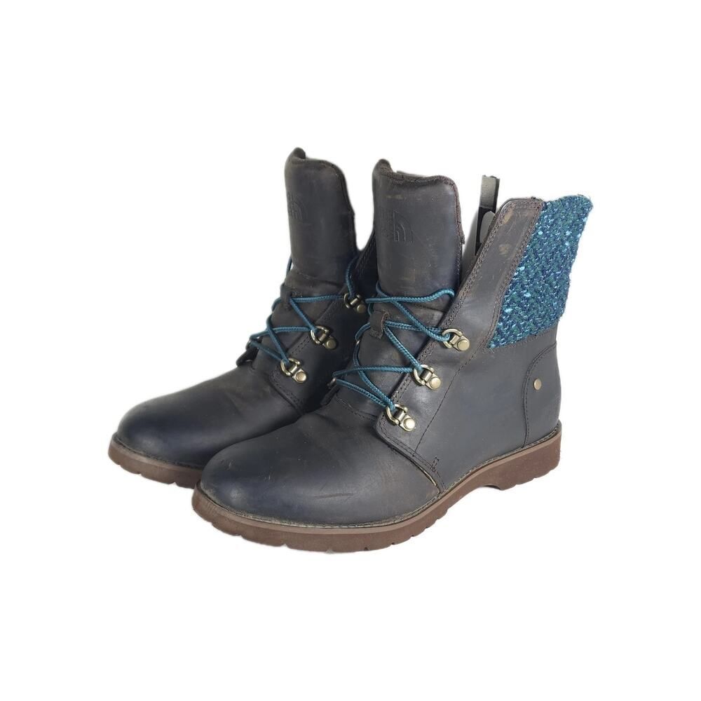 The North Face Women's Ballard US8 Brown Blue Oiled Leather Knit Lace Up Boots